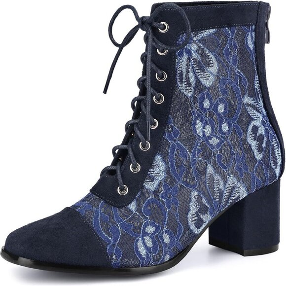 Ankle Boots for Women Dark Blue Rubber Lace Up Floral Lace Block Heels for Women - Picture 1 of 7